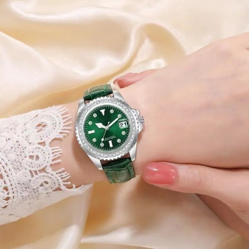 Luxury Watch Leather Strap - Women's Watch with Diamond Accents Genuine